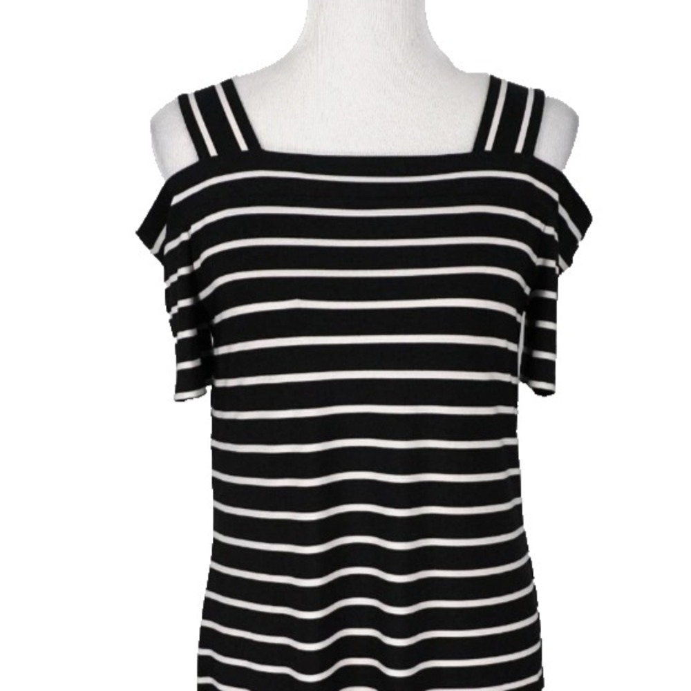 Nine West Maxi Dress Stretchy Black White Striped Cold Shoulder S/S Size 10 - Picture 3 of 8